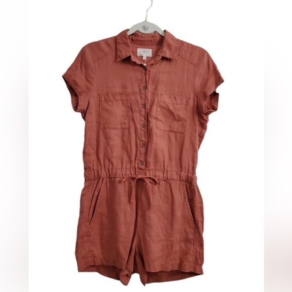 Lou & Grey 100% Linen Short Sleeve Romper Button Up Tie Cinch Waist Terracotta L - Picture 2 of 13